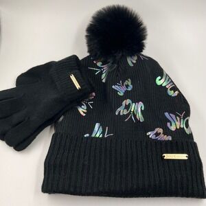 Juicy Couture Kids Black Butterfly Logo Beanie and Gloves Set New